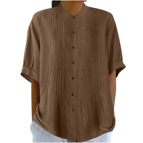 Cotton Linen Button Up Shirts Woman Short Sleeve Collarless Pleated Loose Casual Summer Blouses S-3XL (X-Large, Brown)