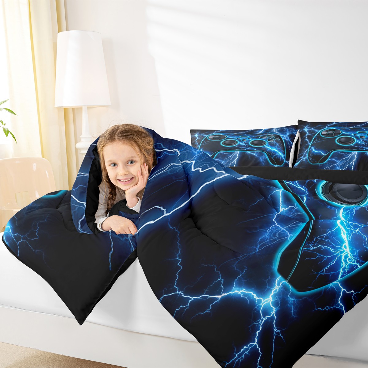 Feelyou 3D Gamepad Bedding Comforter Set for Teens, Blue Lightning Twin Comforter Sets, Modern Video Game Reversible Bedding Set, Ultra Soft Home Decor, 2 Pieces