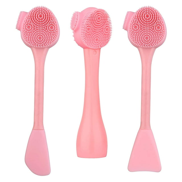 Cepillo de limpieza facial de silicona Cepillo facial de 3 diseños, Cepillo exfoliante de lavado facial de silicona de doble punta con espátula flexible para el cuidado de la piel y el masaje (rosa) Namotu CZMY-ZH38-2