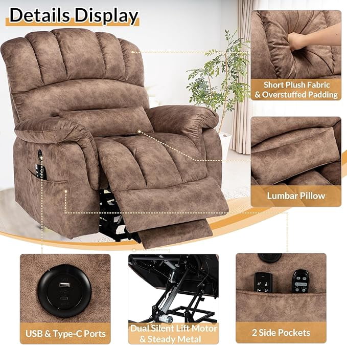 Tall Man Oversized Dual Motor Power Lift Recliner w/Heat Massage, Large Lay Flat Sleeper Electric Recliner with Extended Footrest for Elderly, Lumbar Pillow, USB & Type-C Ports, Plush-Brown