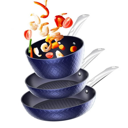

JUNWELL Frying Pan Sets Non Stick 3Pieces Blue 3D Diamond Cookware 20/24cm Frying Pan 18cm Saucepan - Pots and Pans Set Aluminum Ceramic Coating - Suitable for Induction Hob Oven