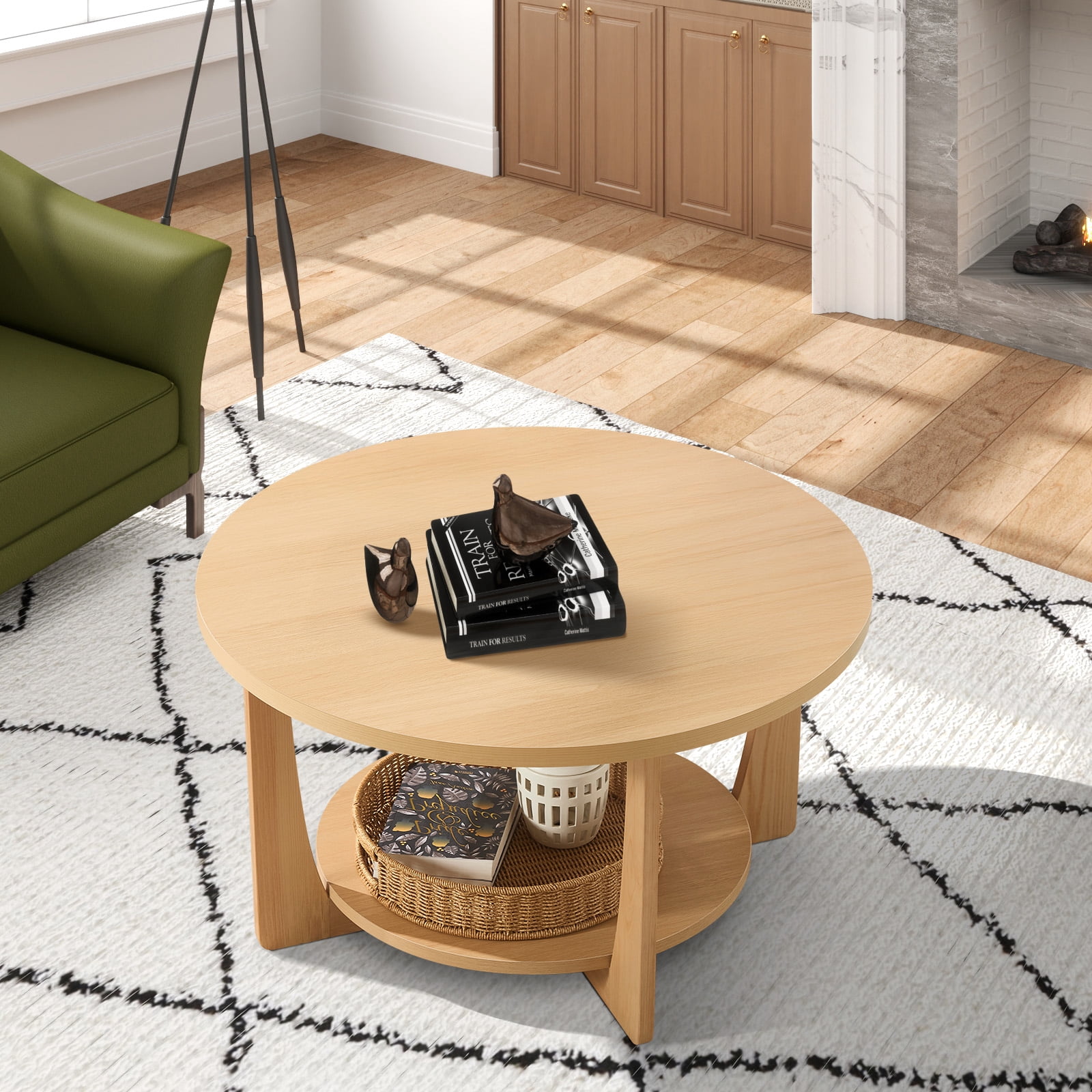 Foreate 31.5" Round Coffee Table with Solid Wood Pine Legs, 2-Tier Retro Round Coffee Table with Storage Shelf, Small Modern Wood Circle Center Table for Living Room, Natural