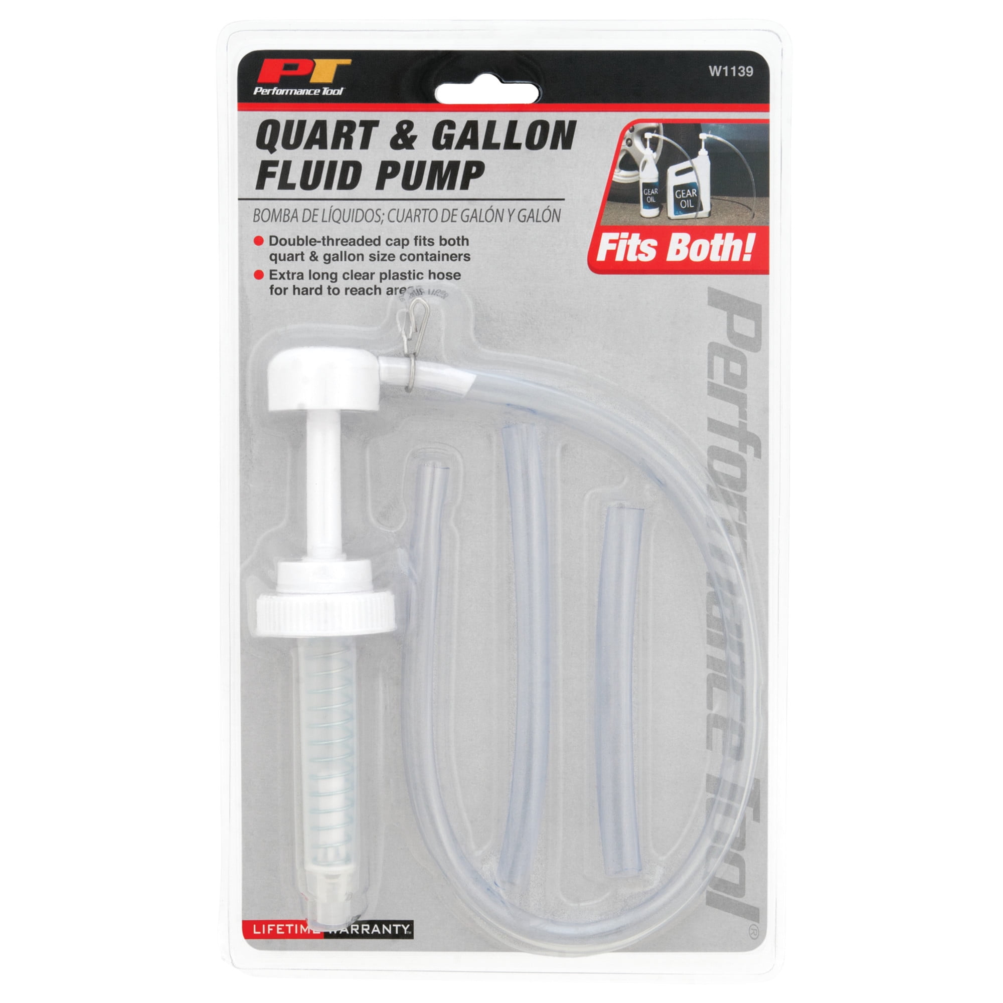 Performance Tool W1139 Quart/Gallon Fluid Pump and Hose for Fluid Transfer, Double-Threaded Design, Clear