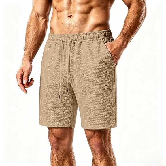 Cmfcve Men's Casual Textured Knit Elastic Waist Drawstring Shorts Lightweight Breathable Summer Shorts with Side Pockets