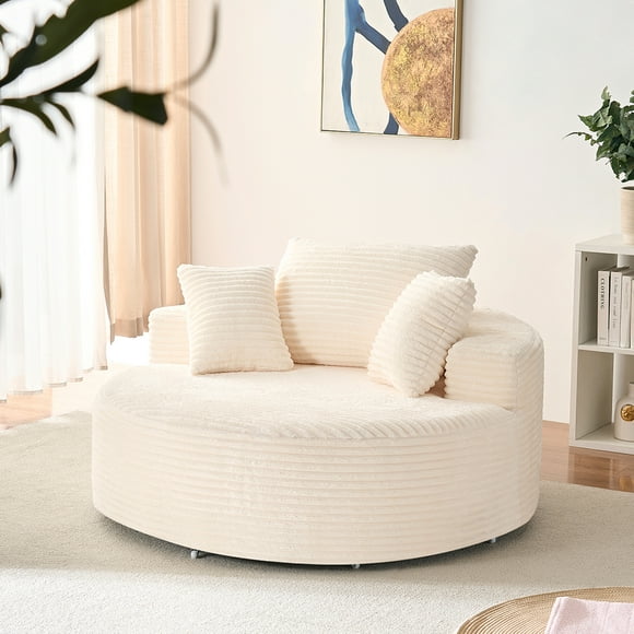 Mjkone Chaise Longue Ronde Surdimensionnée pour l'Intérieur, Fauteuil d'Appoint Pivotant en Velours Côtelé, Fauteuil Simple Rembourré pour Salon/chambre, Beige