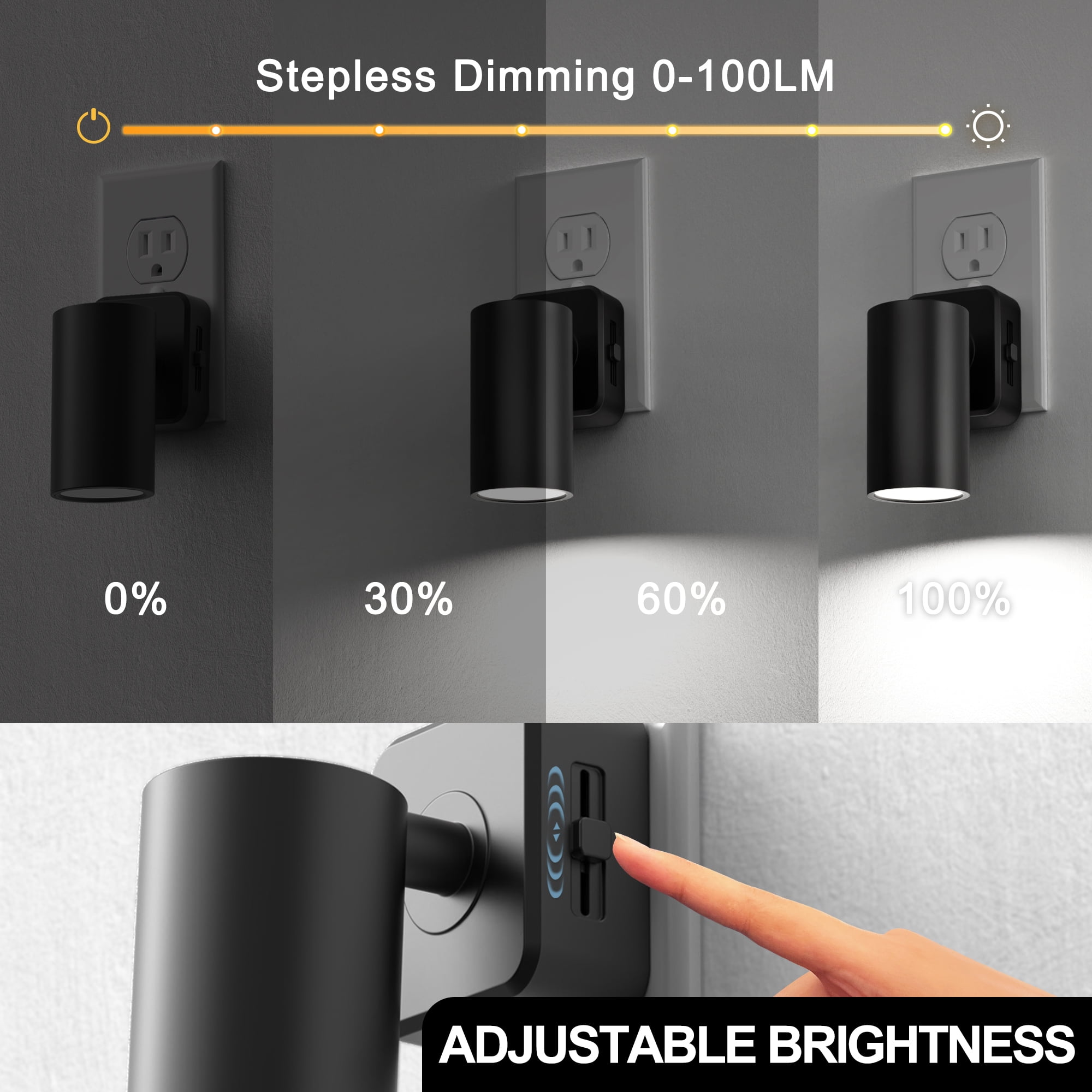 YANSUN 1W Integrated LED Plug-In Night Light, Dusk to Dawn Sensor, Black 5000K White, Rotatable Cylinder, Up & Down Beam for Bedroom Hallway 2-Pack