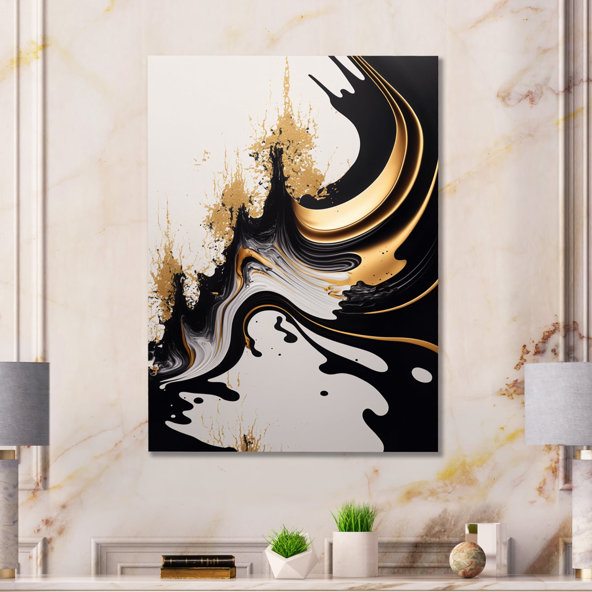 Designart Black And Gold Wave Canvas Wall Art
