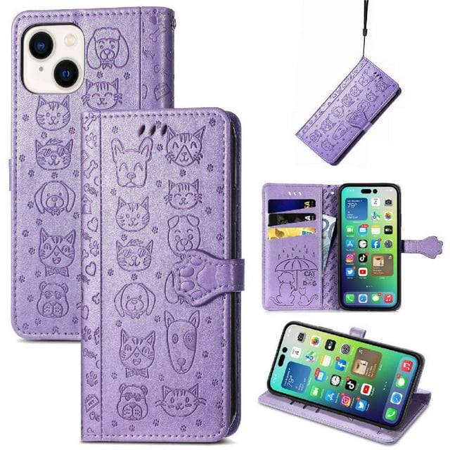 Funda Cartera FOXDOCK para iPhone 14 , Flip PU con Relieve de Gatos y Perros, Tarjetero y Soporte