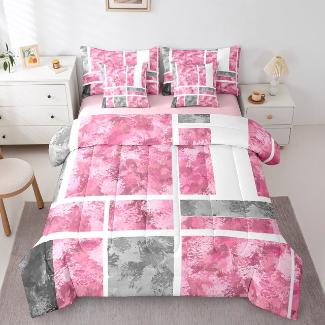 Erosebridal Pink Sqare Bedding Sets Twin Size,Geometric Buffalo Comforter Sets with Sheets,Ombre Rectangle Bed in a Bag Twin size,Breathable Abstract Bedroom Decorative,Reversible,7-Piece