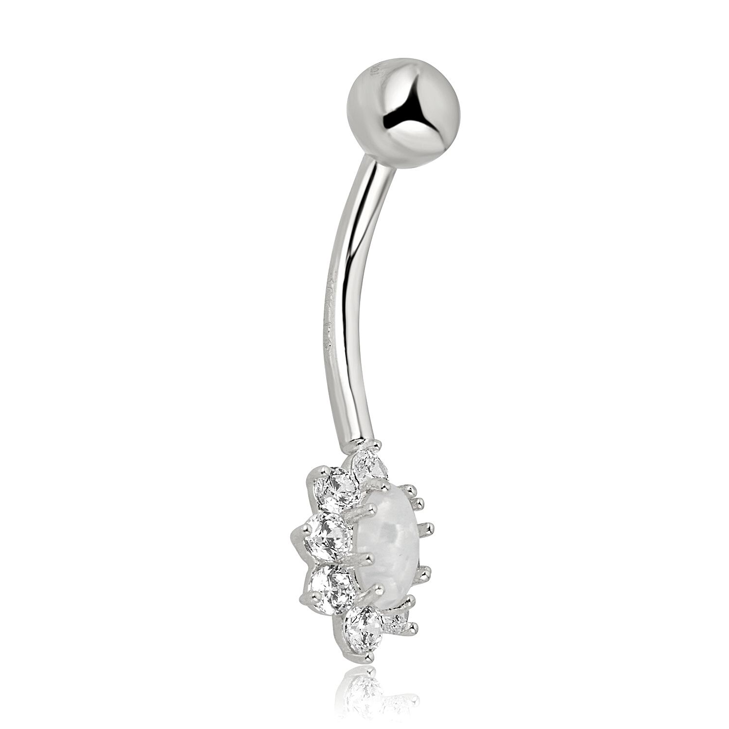 AVORA 10K White Gold Oval-shaped Simulated Opal and Simulated Diamond CZ Belly Button Ring Body Jewelry (14 Gauge)