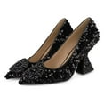 thumbnail image 3 of YDN Women Rhinestone Studded Buckle Pumps Slip On Crystal Chunky High Heels Closed Pointed Toe Office Shoes Size 7 Black Paillette, 3 of 4