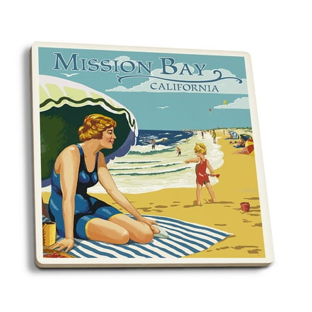 Mission Bay Beaches Mission Bay, California - Woman on the Beach - Lantern Press Poster (Set of 4 Ceramic Coasters - Cork-backed, Absorbent) ()