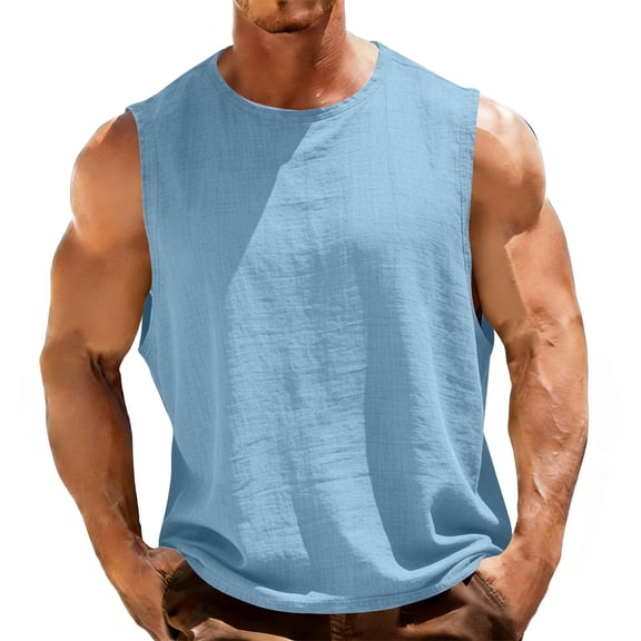 Mens Workout Tank Tops Sleeveless Tee Shirts Men Gym Running Beach Loose Tee Oversized Sweatshirt Solid Color Lightweight Linen Shirt