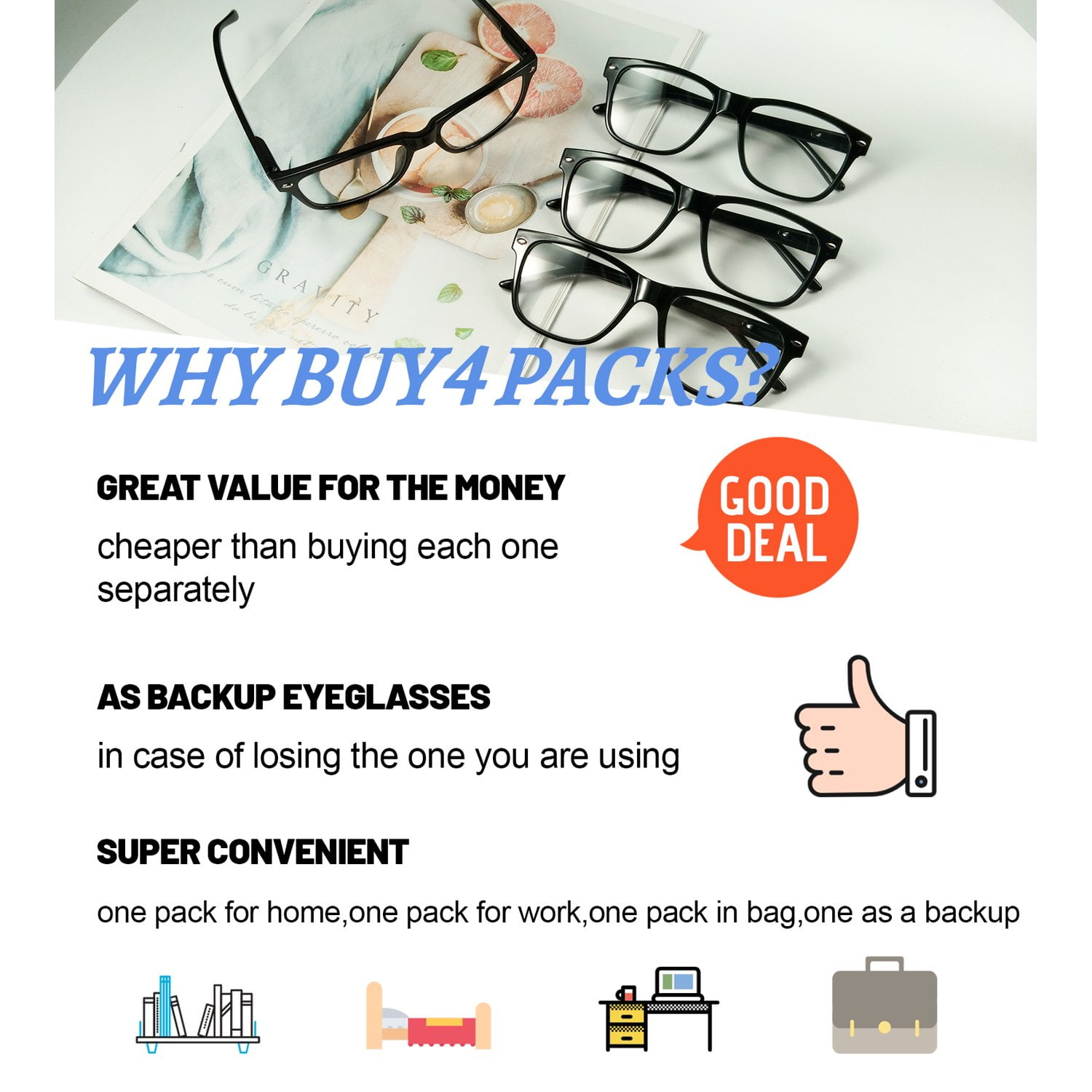 WEMOOTANTS 4 Pack Reading Glasses for Women Men, Large Square Readers 2.5 Designer Black Reader Glasses