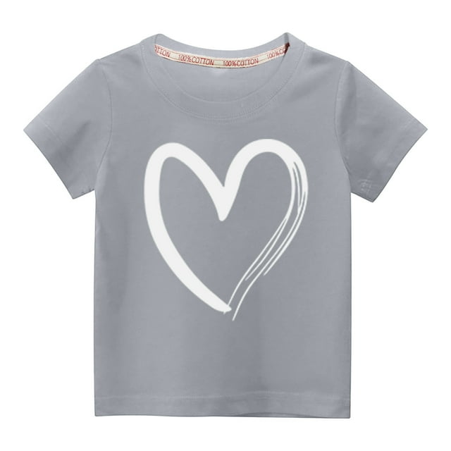 T-shirts à Manches Courtes Imprimés pour Fillette, Col Ras du Cou avec Cœur, Jolis Hauts d'Été