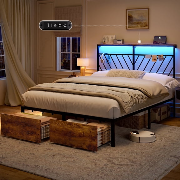 GUNAITO Queen Bed Frame with 48.8 " High Storage Headboard and 2 Drawers, Metal Platform Bed with LED & Charging Station, Rustic Brown