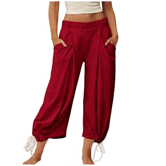 Womens Capris for Summer,Womens Baggy Wide Leg Pants Cotton Loose Elastic Waisted Lounge Harem Beach Palazzo Trousers with Pockets