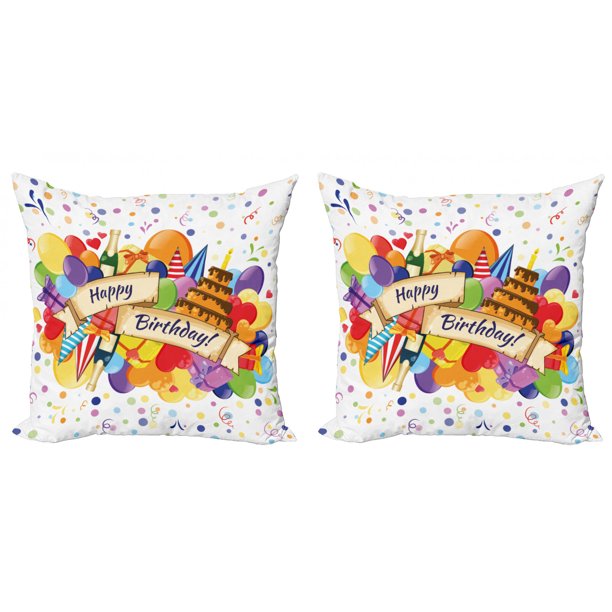 Birthday Throw Pillow Cushion Cover Pack of 2, Colorful Joyous Burst