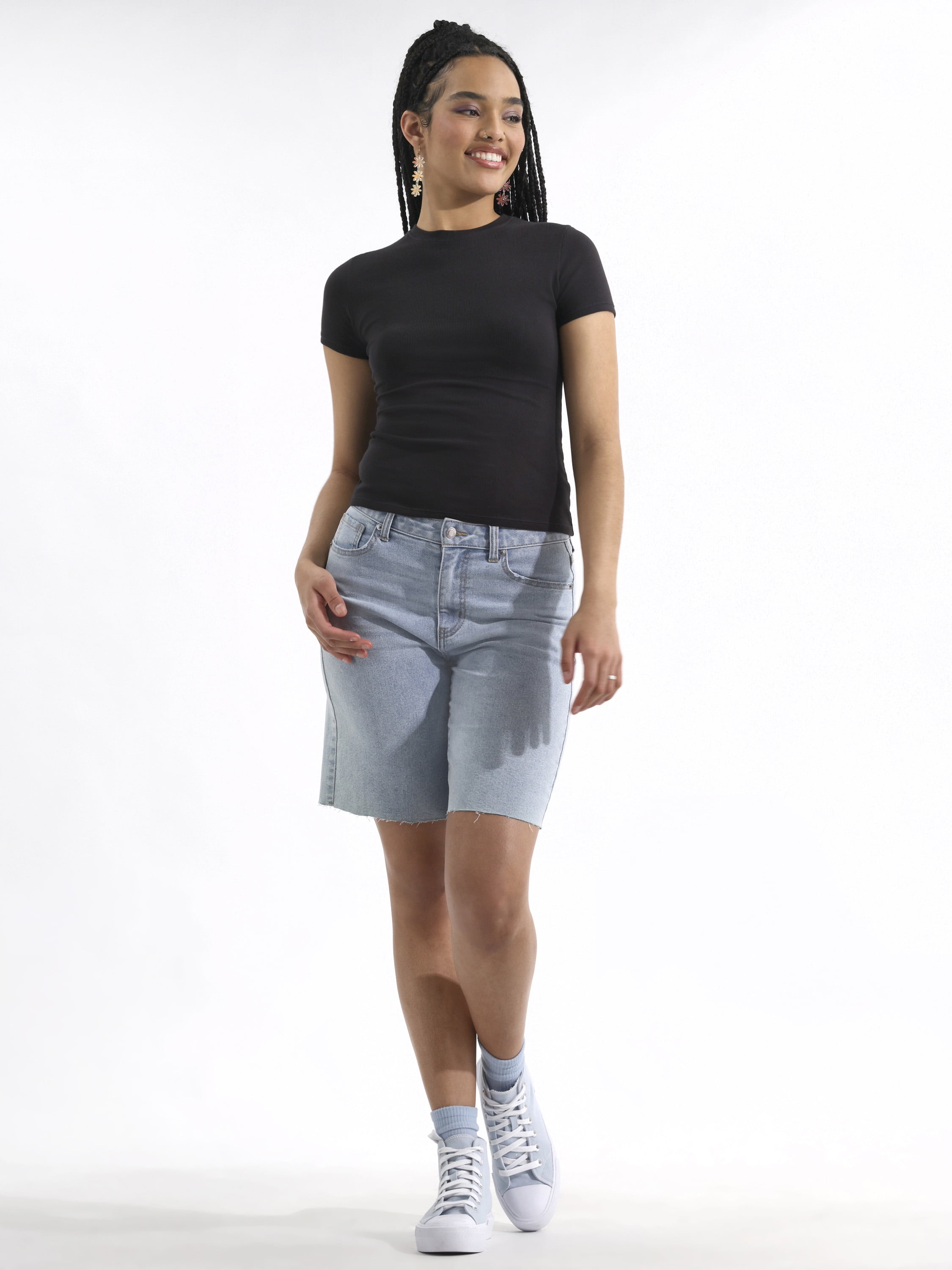 No Boundaries Cotton Stretch Ribbed Tee with Short Sleeves, Women's XS-3XL