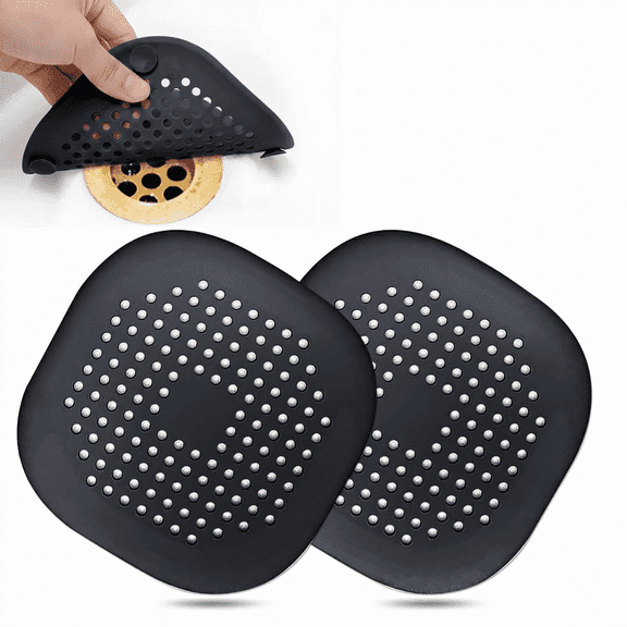 Square Silicone Hair Drain Catcher with Suction Cup Black Shower Drain Cover for Bathroom Bathtub Kitchen Sink - 2 Pack