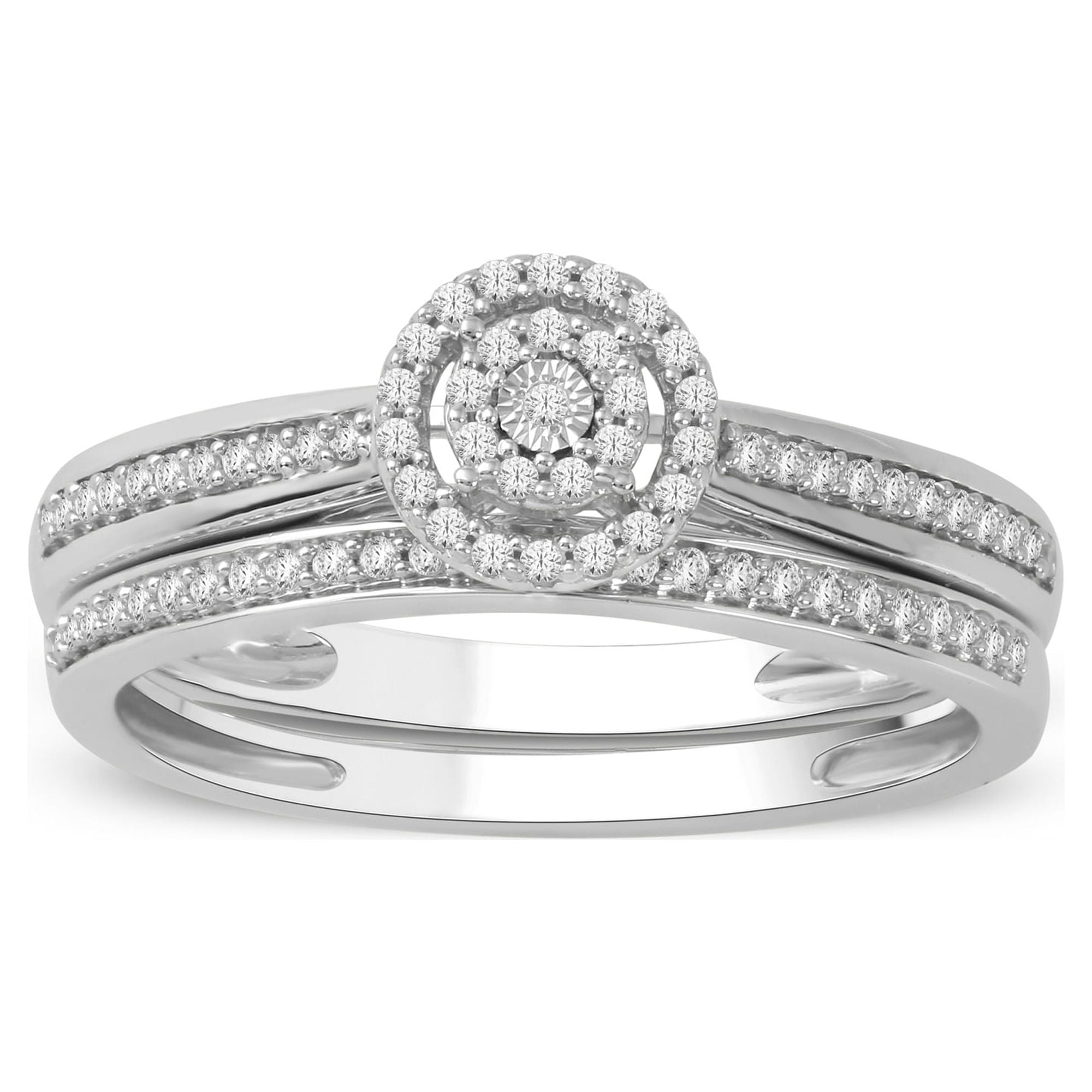 1/5Ct TDW Diamond S925 Sterling Silver Cluster Halo Bridal Set (I-J, I2)