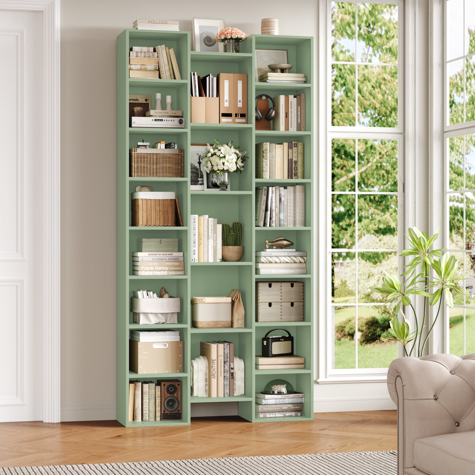 Homfa 2 Pieces Green Bookshelves, 71’’ Tall Three Row Bookshelf with Adjustable Shelves, 21-Cubes CD Display Storage Organizer Shelf for Living Room Home Office