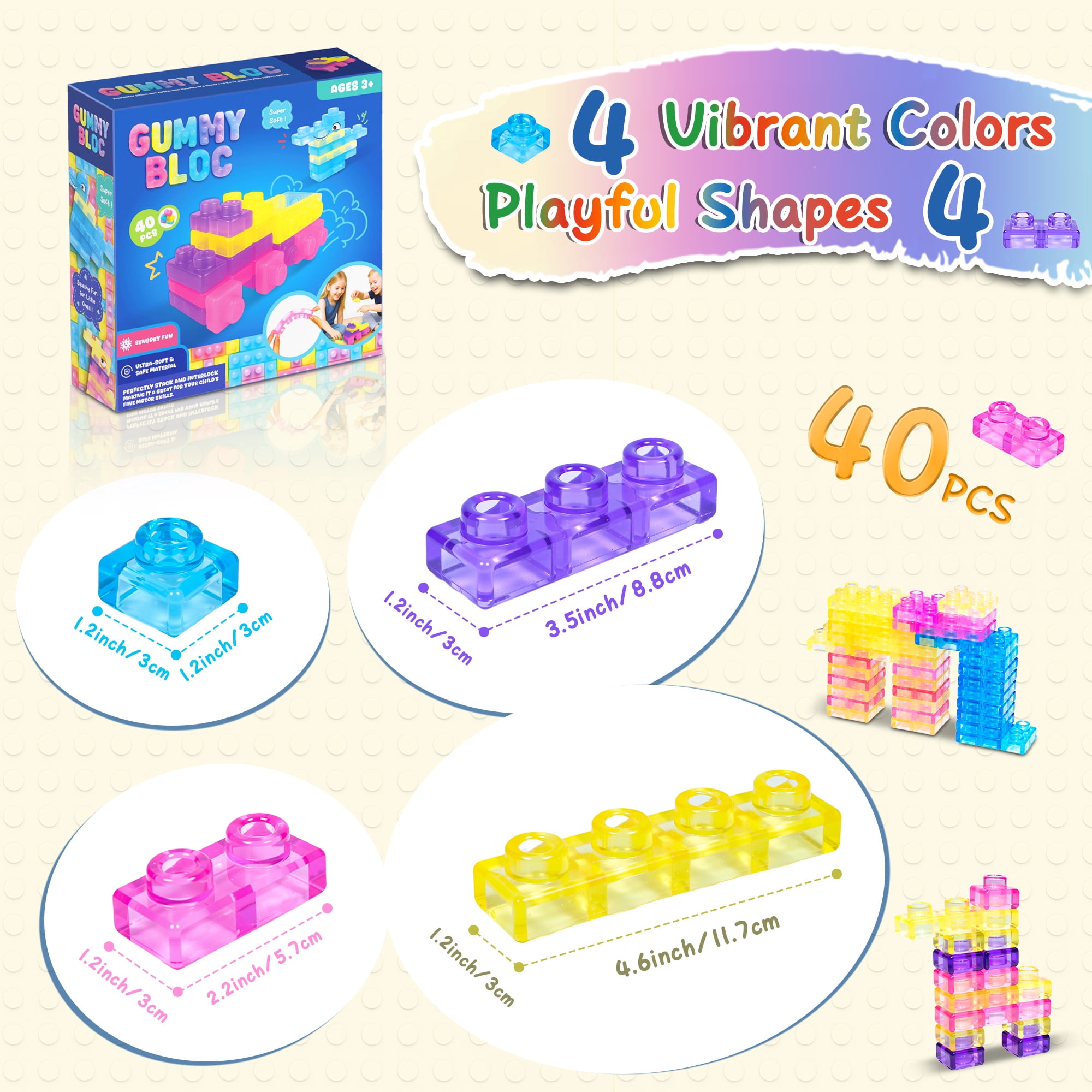 Gummy Bloc 40 PCS Sensory Soft Building Blocks for Toddlers, Kids Montessori Squishy Stacking Toy Set for Early Learning