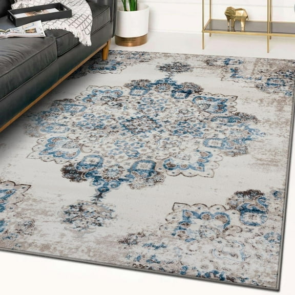 Luxe Weavers Floral Medallion Ivory 8x10 Area Rug Blue Vintage Living Room Carpet