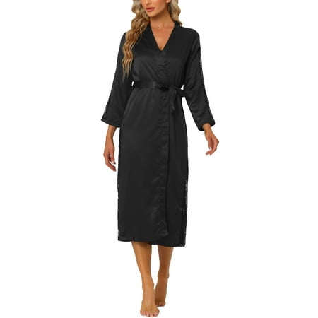 

cheibear Womens Satin Robe Lace Long Sleeve Kimono Gown Bathrobe Bridesmaid Wedding Bride Robe