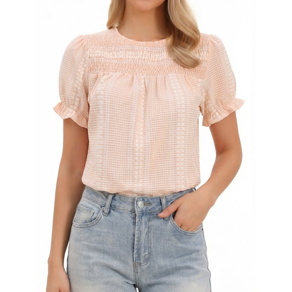 DARING DIVA Women's Peasant Plaid Smocked Ruffle Puff Sleeve Blouses XS Pink