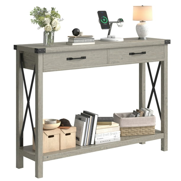 Console Table with 2 Drawers, Farmhouse Entryway Table with Storage