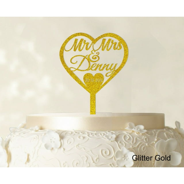 Personalized Mr And Mrs Wedding Cake Topper With Date And Heart Cake Decorations Color Option Available 5.5-6.5 Inches Wide