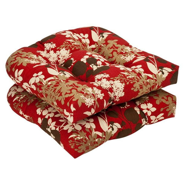 Set of 2 Tropical Red and White Floral Outdoor Patio Tufted Wicker Chair Seat Cushions 19 