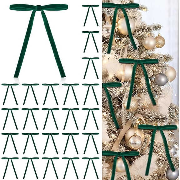 24Pcs Green Velvet Bows for Christmas Tree, Velvet Green Ornaments