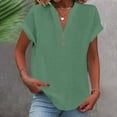 thumbnail image 2 of Htigea Women Linen Shirts Button Down Cotton Short Sleeve Blouses V Neck Collared Button-up Tops Today Sales Green,XL, 2 of 6