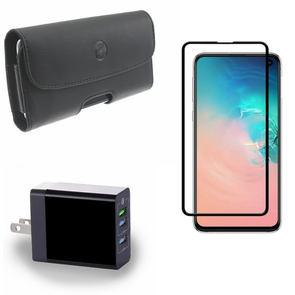 Galaxy S10e Screen Protector w Home Charger w Case Belt Clip - Tempered Glass 5D Curved Edge, 34W 6.8Amp 3-Port USB, Leather Holster Cover for Samsung Galaxy S10e Phone