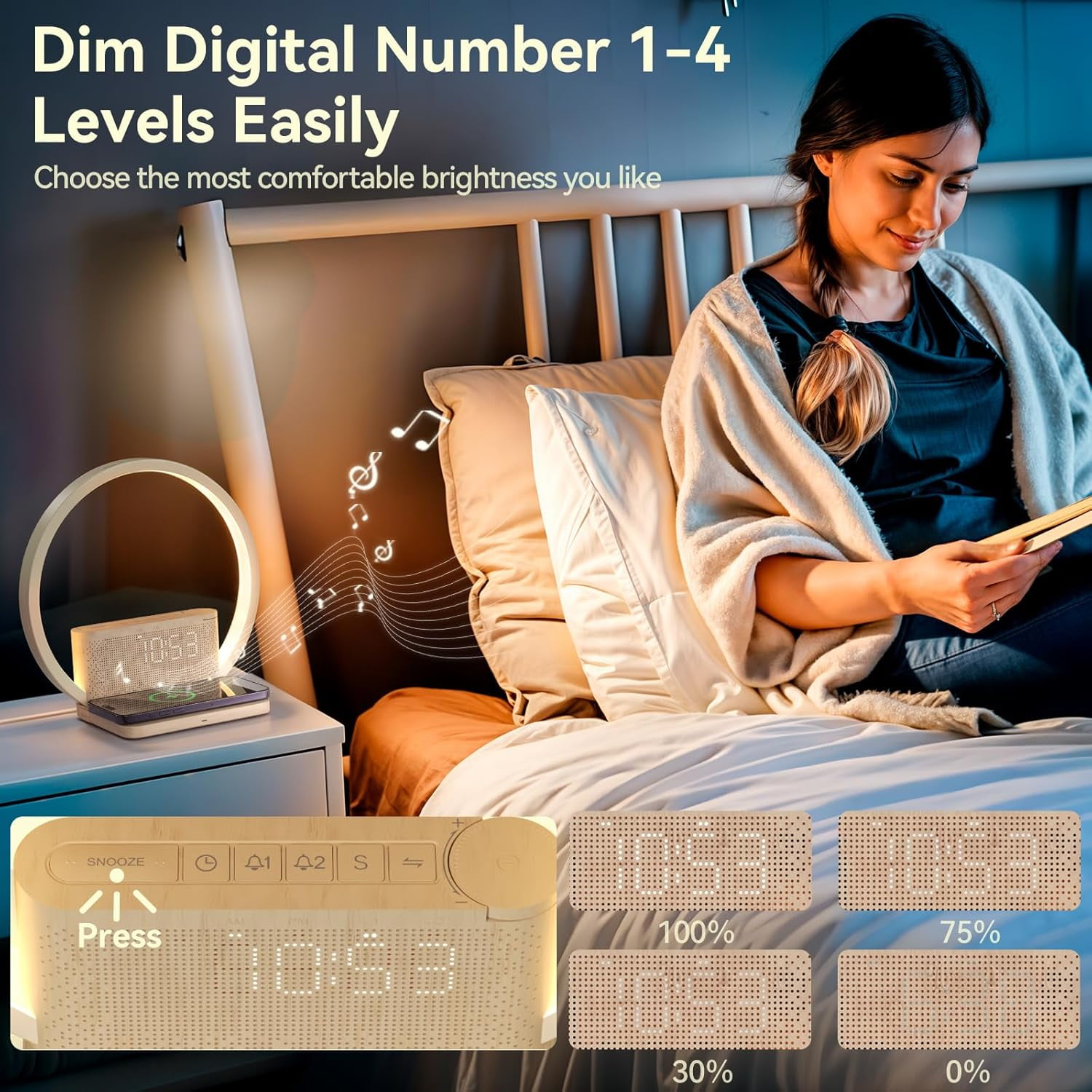 Sunrise Alarm Clock with Wireless Charging, 10W Qi Fast Charging, White Noise Machine, 3-Level Dimmable Light & Dual Alarms for Heavy Sleepers in Bedroom