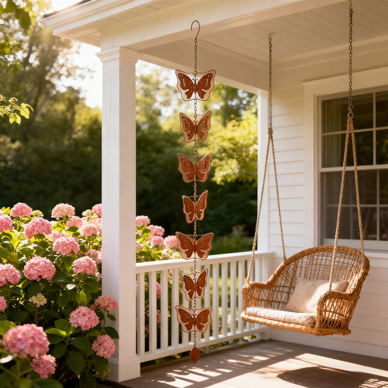 Butterfly Rain Chain & Wind Chime, Iron Outdoor Garden Decor for Patio, Easy No-Tool Install