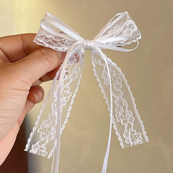 Elegant White Lace Bow Hair Clip with Long Ribbon Streamer for Women Party and Daily Wear 1 pc