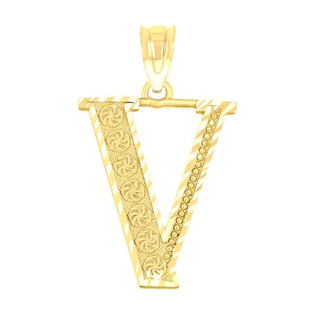 10k Yellow Gold Unisex Diamond-cut Initial Letter V Charm Pendant for Men Women