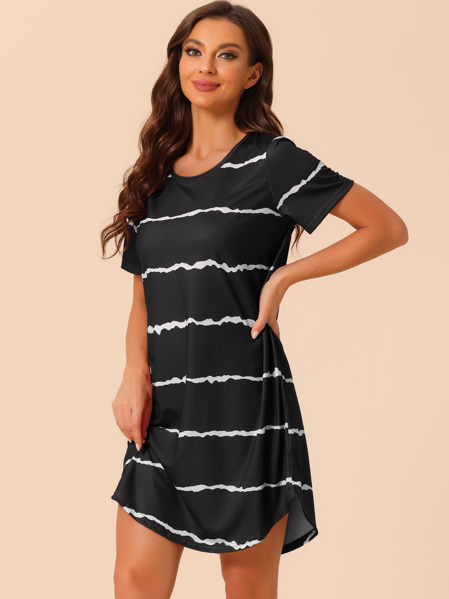 DARING DIVA Women's Round Neck Striped Short Sleeve Sleepshirt Nightgown XL Black