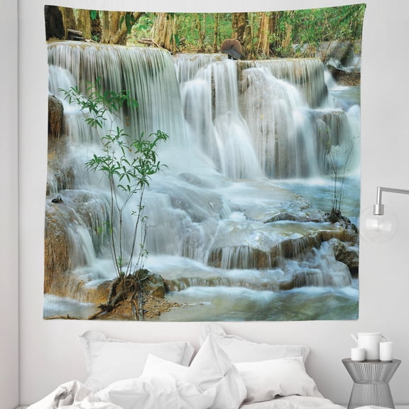 Nature Tapestry, Waterfall Bamboo Tree Japanese Style Garden View Picture Print Jungle Stream, Fabric Wall Hanging Decor for Bedroom Living Room Dorm, 5 Sizes, Green and Brown, by Ambesonne