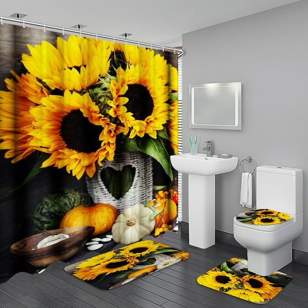 Black Hue Sunflower Shower Curtain Set with Non-Slip ...