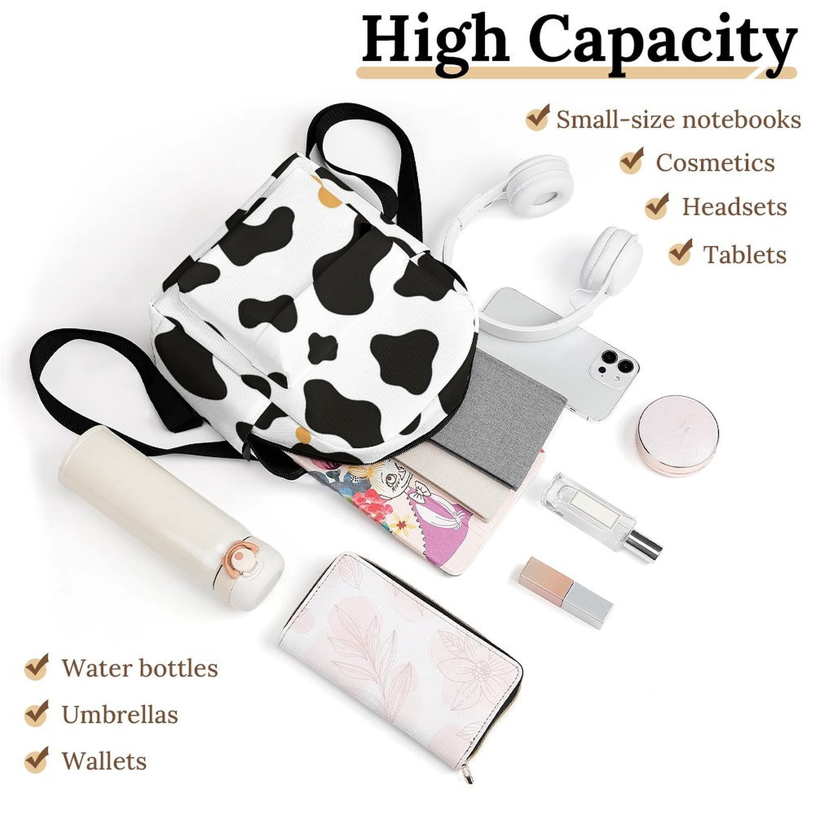 8.1×10in Casual Women'S Backpack With Anti-Contraction And Stretch For Sports Activities Travel Picnics Simple Cow Print Pattern, Vector Art Style_2