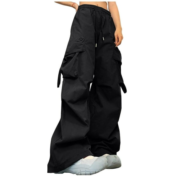 Alkepwun Cargo Pants for Women High Waist Baggy Casual Solid Parachute Trousers Loose Fit Y2K Streetwear with Multi Pockets