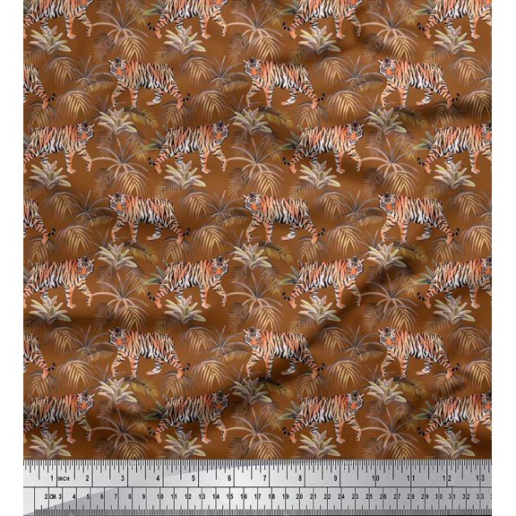 Soimoi Velvet Fabric Leaves & Tiger Jungle Printed Fabric 1 Yard 58 Inch Wide
