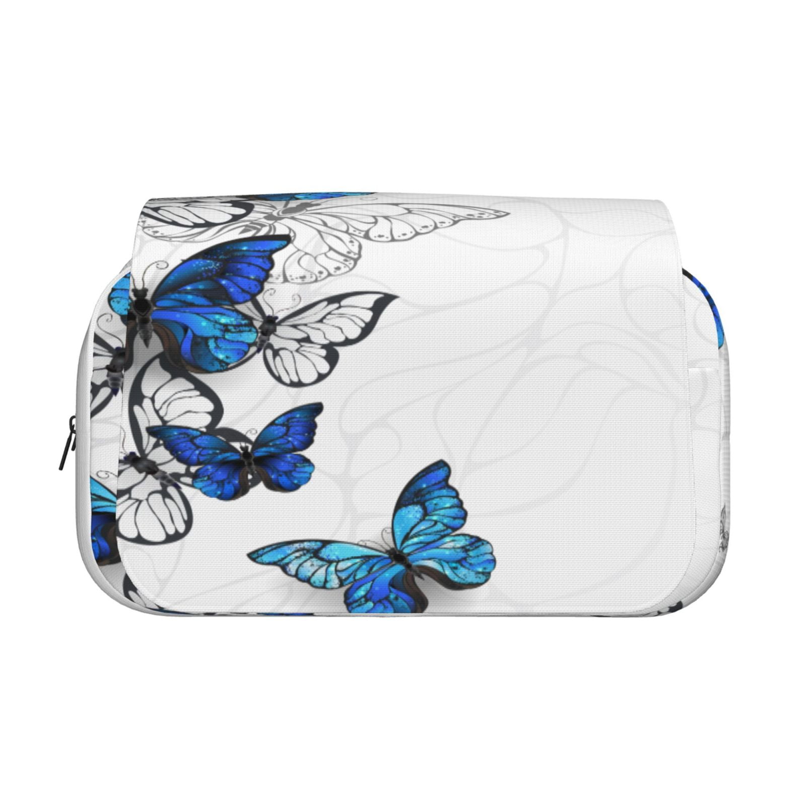 Rateoe Blue Flying Butterflies Pattern Double Clamshell Pen Case, Storage Organizer with Two Zipper Compartments– Holds Up to 50 Pencils & Pens