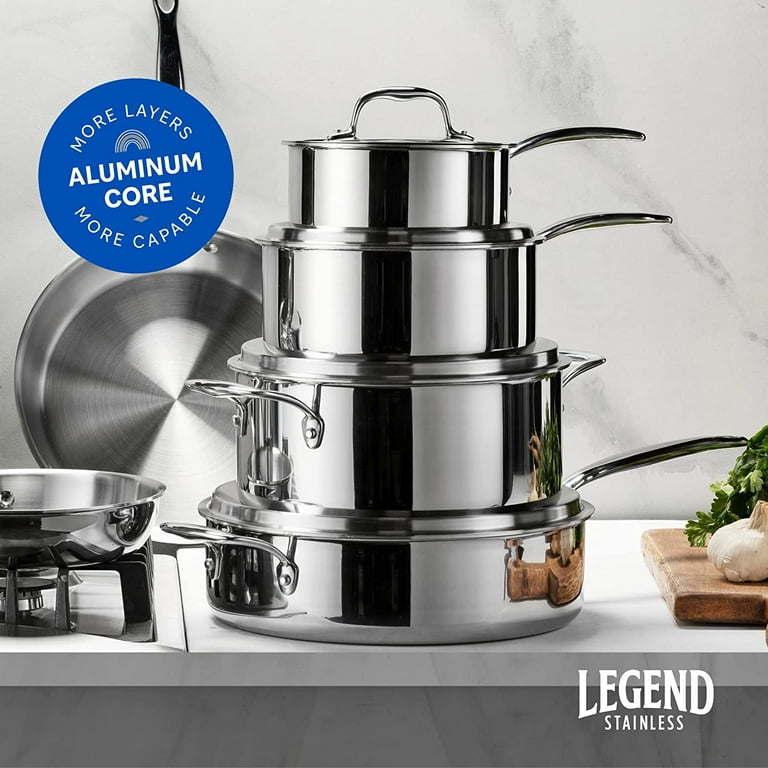  Legend 3 Ply 10 pc Stainless Steel Pots & Pans Set, Professional Quality Cookware Clad for Home Cooking & Commercial Kitchen  Surface Induction & Oven Safe