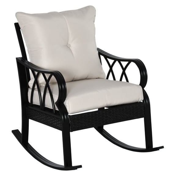 Wicker Rocking Chair Outdoor, Patio Rattan Rocker with Cushions, Aluminum Frame Garden Chair for Porch, Backyard, Khaki