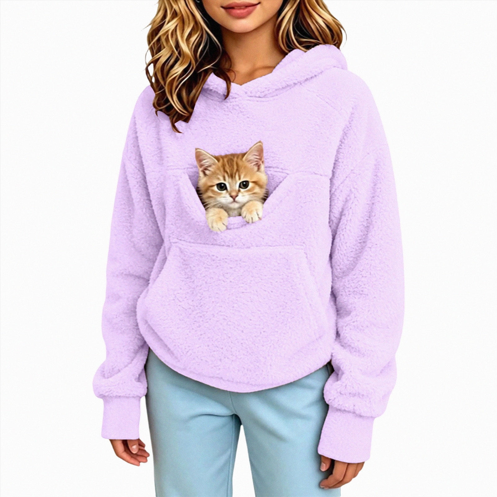 KPOPLK Little Girls Cat Pouch Hoodie Zipper Pet Care Dog Kangaroo Pocket Hooded Sweatshirts Fuzzy Animal Carrier Holder Pullover Tops for Kids Purple Size 5-6 Years